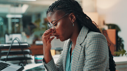 Business, woman and headache of eye strain at desk for article pressure, burnout and news...