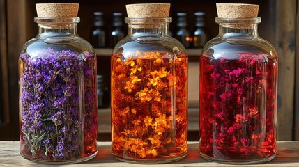 Three glass bottles filled with floral infusions, sealed with corks, on a wooden surface