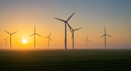Obraz premium Wind Turbines in Green Field at Sunrise with Diagonal Composition