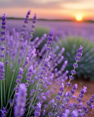 Obraz premium Beautiful lavender field at sunrise with vibrant purple blossoms and soft golden light, capturing the serene and aromatic atmosphere of blooming nature in summer countryside