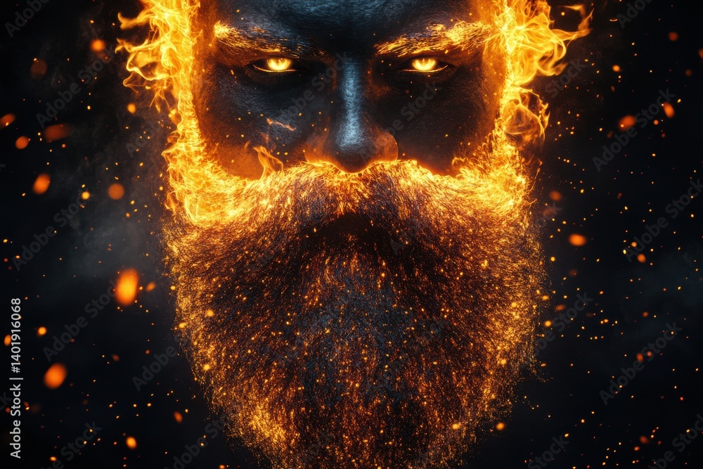 Poster glowing flame beard illustration with fiery details on a dark background showcasing a fantasy fire c