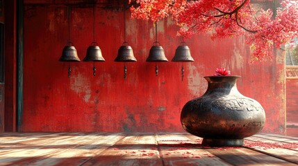 Red background with hanging bells and a vase of flowers on a wooden surface