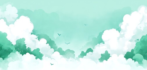 Fototapeta premium Watercolor Clouds with flying birds in a serene atmosphere illustration