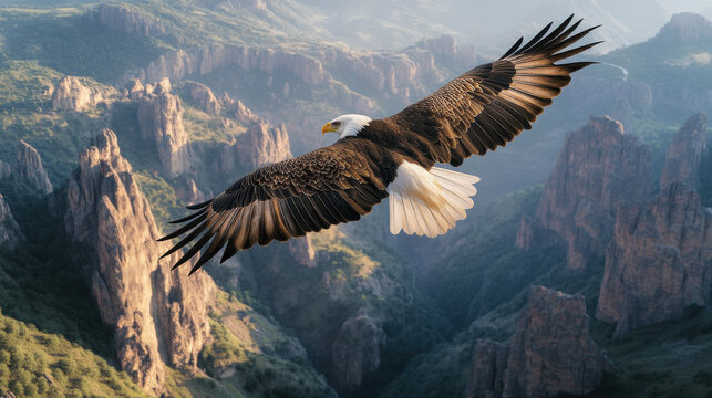 Behind Bald Eagle Soaring Over Mountains