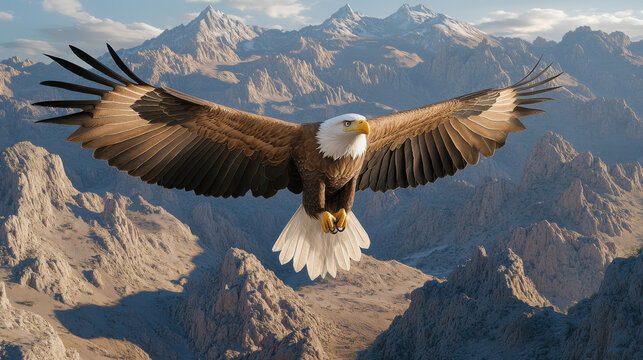 Bald Eagle Soaring Above Majestic Mountains