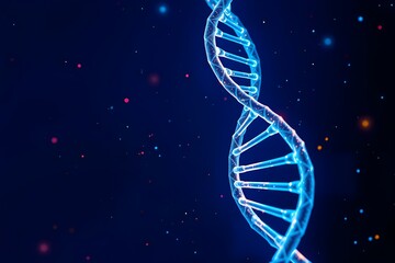 A glowing blue DNA helix is set against a dark background dotted with colorful, scattered particles, conveying a futuristic and scientific tone