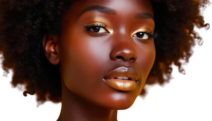 Beauty portrait of elegant Afro american woman with golden eye makeup and metallic lips looking at camera with confident and graceful expression on transparent background.