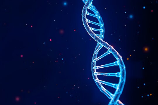A glowing blue DNA helix is set against a dark background dotted with colorful, scattered particles, conveying a futuristic and scientific tone