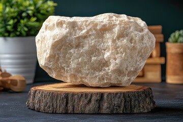 White stone resting on wooden disc, blurred plants, wood d?cor, dark background; natural simplicity