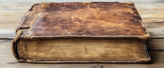 An old, weathered book with a brown leather cover sits on a wooden surface