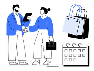 Two business professionals shaking hands while holding documents. Shopping bags and calendar symbolize schedule and commerce. Ideal for partnership, agreement, retail, business meeting, scheduling