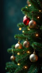 Fototapeta premium Dense evergreen branches with sparkling ornaments and glowing lights, winter decoration, holiday season