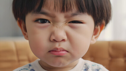 A young child is showing a scrunched-up facial expression that may be related to a facial tic or tic disorder.