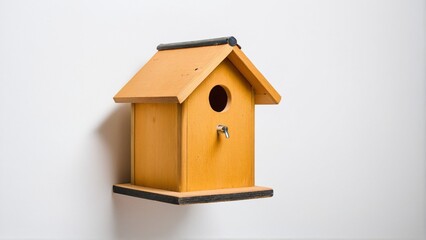 Simple wooden birdhouse mounted on a white wall, offering shelter and a cozy space for feathered friends to build their nests.