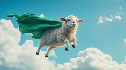 Sheep flying in the sky wearing green superhero cape, symbolizing the spirit of Eid al-Adha, clear blue sky