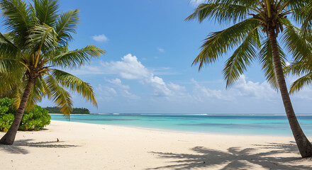 Obraz premium A stunning tropical beach with white sand, turquoise waters, and palm trees swaying in the breeze.