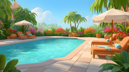 Fototapeta premium Serene Tropical Poolside Retreat Surrounded by Lush Greenery and Colorful Flowers Under Clear Blue Sky