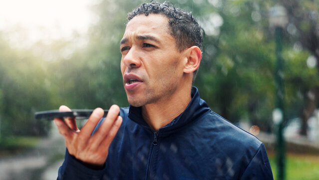 Runner, phone and record with man in park for fitness tracking app, workout timer and reminder. Speaker, health instruction and voice memo with person in nature for mobile, training and schedule