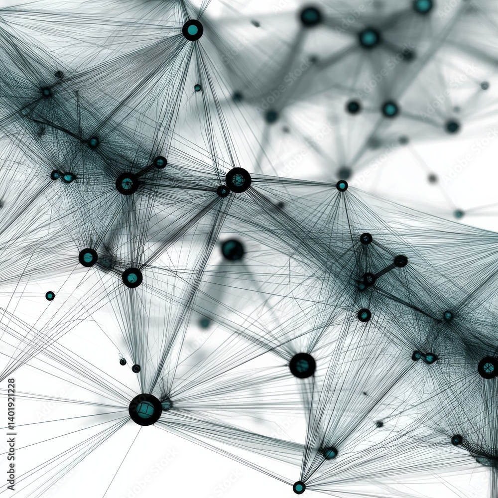 Poster Abstract Teal Network: Interconnected Nodes and Lines on White Background with a Shallow Depth of Field.