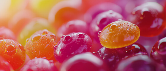 Macro shot of colorful candies or jellybeans, highlighting their glossy surfaces. 