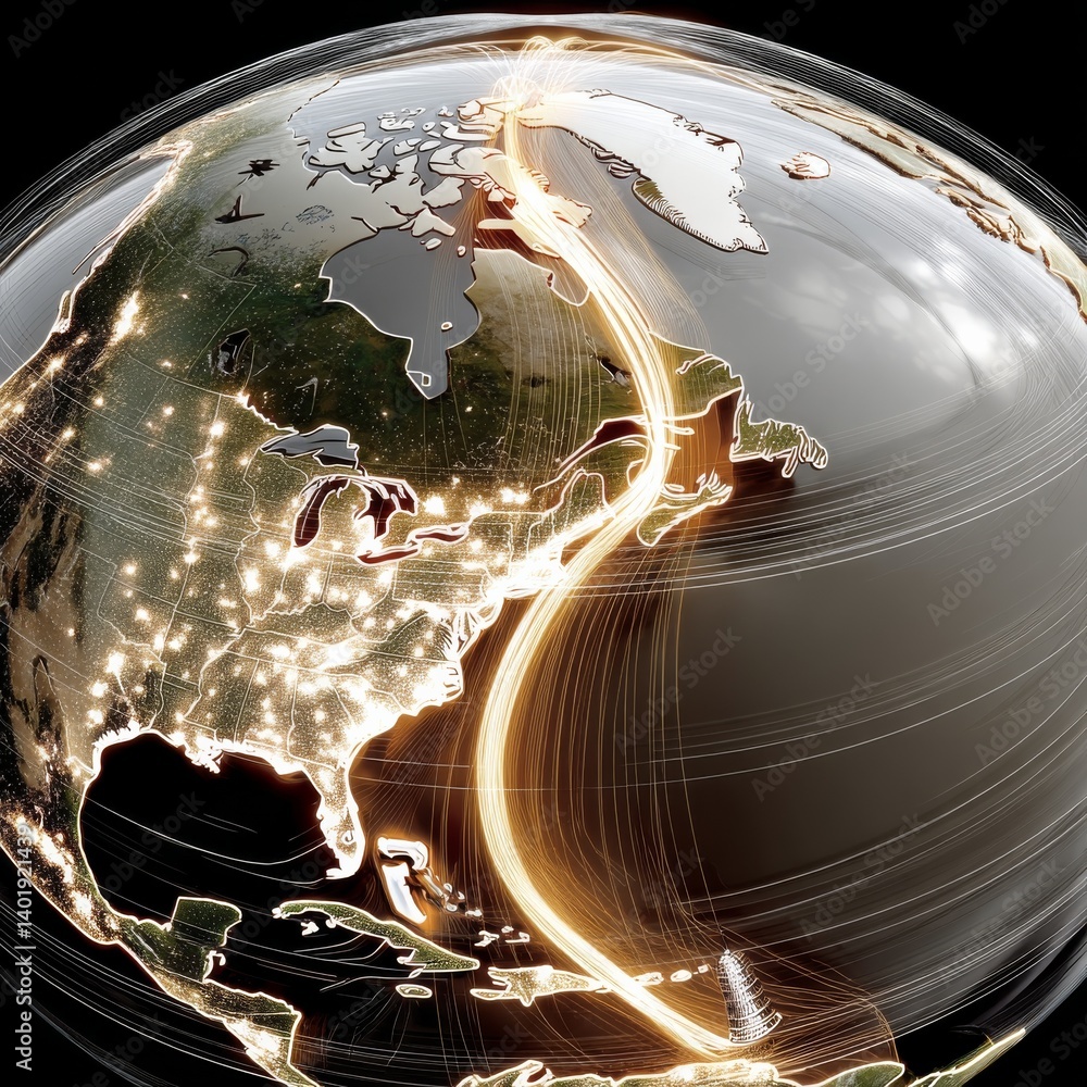 Aufkleber A Stylized Globe Showing North America with Lines Connecting the Continent to a Point in the Arctic Circle.