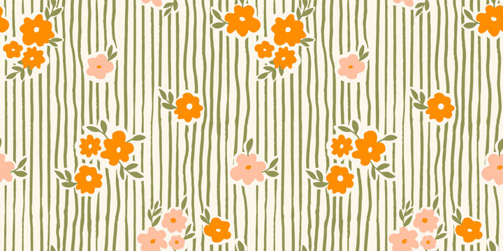 Seamless pattern with ink doodle abstract flowers and leaves on vertical stripes. Trendy aesthetic orange and green background. Hand drawn vector illustration. Boho, beach, jungle wallpaper.