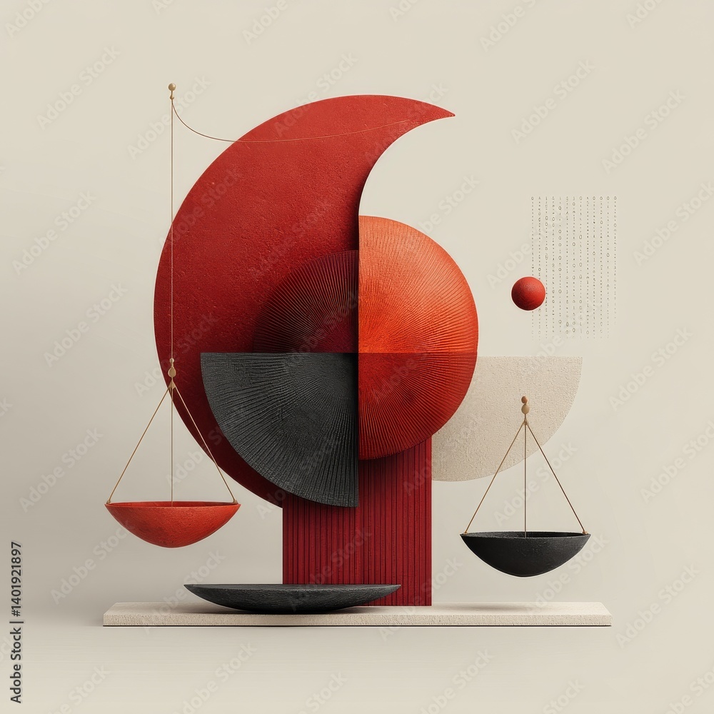 Fototapete conceptual harmony: a study in balance and form, with red and black geometric shapes in abstract arr