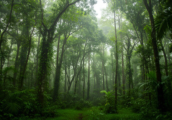Obraz premium Sunlight Through Canopy in Dense Tropical Rainforest with Mist and Vines