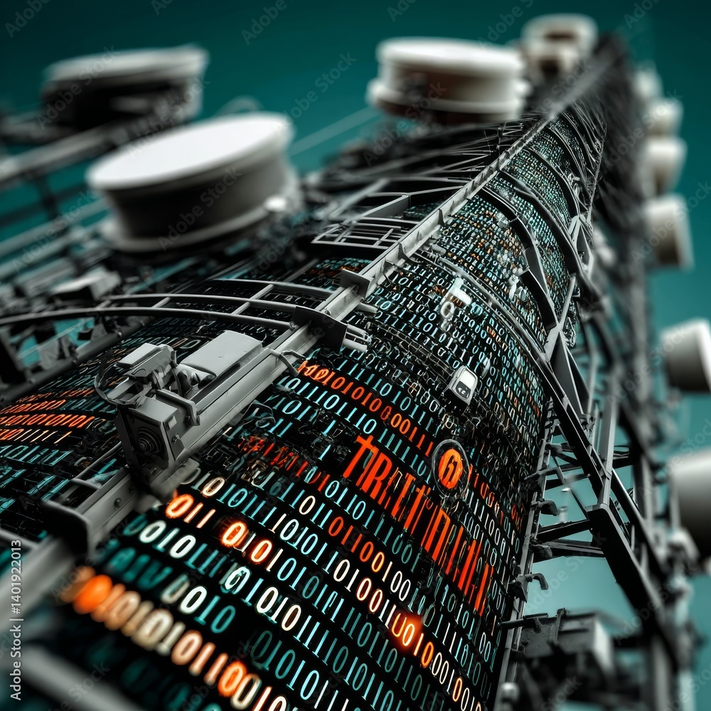 Poster data tower: the digital backbone of modern communication, displaying a threat warning