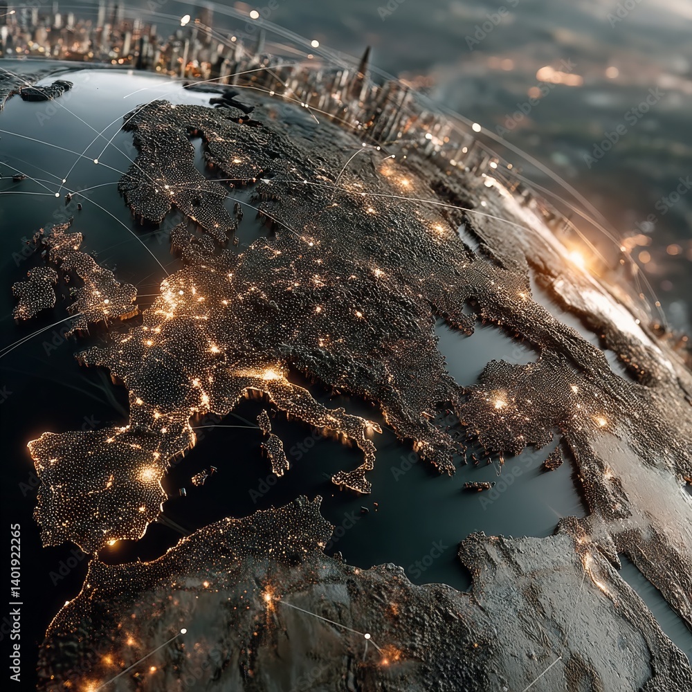 Poster europe at night: a digital rendering of global connectivity, featuring illuminated cities and comple
