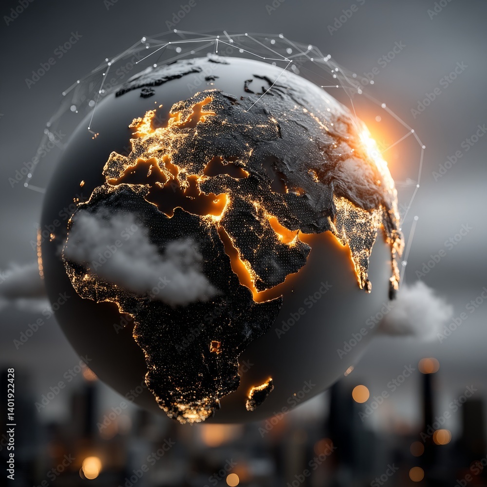 Aufkleber global connectivity: a depiction of urbanization and network communication across the earth's contin