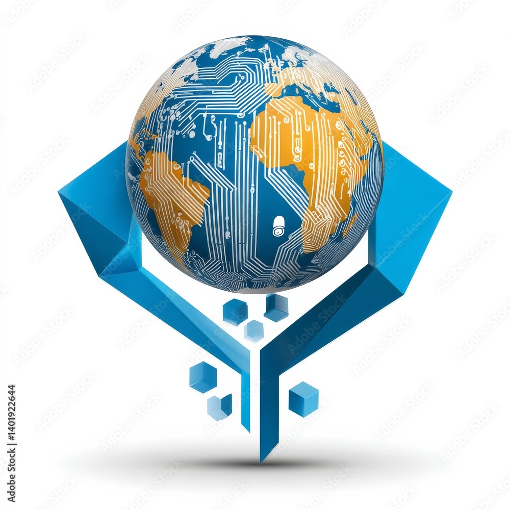 Poster Global Tech: World Map Globe Embedded in Circuitry with Abstract Blue Geometric Support Structure.