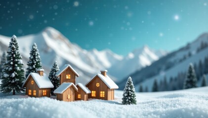 Naklejka premium Wooden Christmas village on a snowy mountain background, festive scenery, cozy village, Winter wonderland