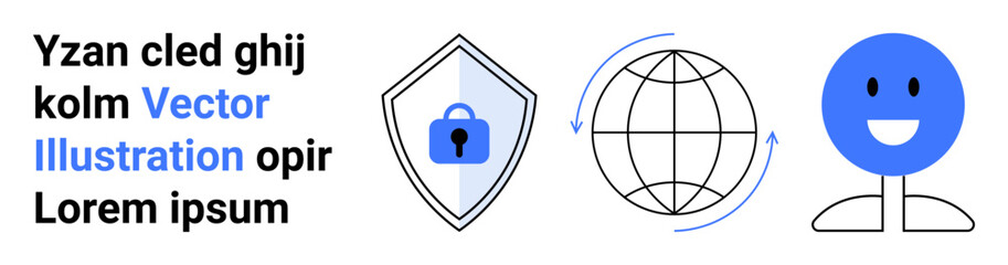 Shield with lock, globe with arrows, smiling face character. Ideal for security, data exchange, communication, user interface, global connectivity, technology concepts flat landing page banner