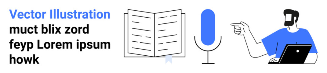 Open book, standing microphone, man gesturing by laptop. Ideal for podcasts, publishing, education, communication, content creation, technology flat landing page banner