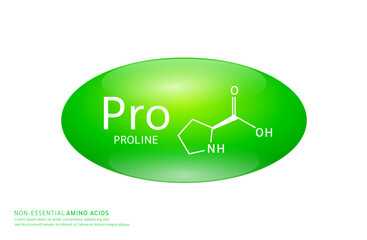 Non essential amino acids proline green ellipse form with chemical structure on white background. For design supplement for the body and muscles. Medical Science. Vector EPS10.