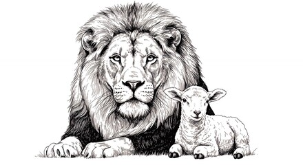 Lion and lamb illustration black and white art