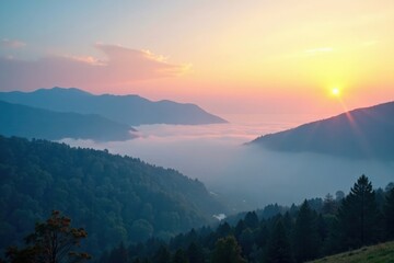 Misty dawn atmosphere with soft blue fog rolling across a serene landscape , blue hue, dawn
