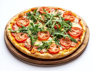 Freshly baked pizza with vibrant toppings.  A round pizza, featuring a crispy crust, generously topped with sliced tomatoes, creamy mozzarella cheese, and peppery arugula