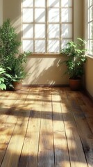 Sunlit room with wooden floor and plants by the window, casting shadows across the space