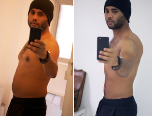 Fitness, photo and man with weight transformation before and after progress with body health. Diet,...