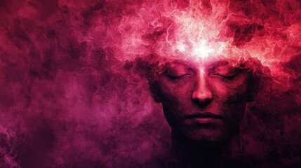 Meditative portrait in purple-red tones, smoke emanating from head, eyes closed in serene reflection