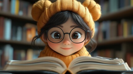 3d illustration, cute cartoon student in library studying for exam,image Ai