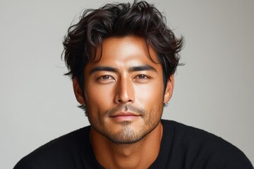 Fototapeta premium Man looks directly at camera. Dark wavy hair and stubble. Neutral background