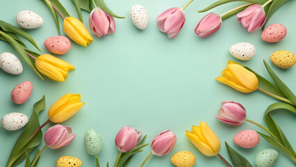 Festive easter border made with colorful eggs and tulips on a light green backdrop, perfect for spring celebrations,Festive pastel-colored Easter eggs, decorated with various patterns, spill from a wi