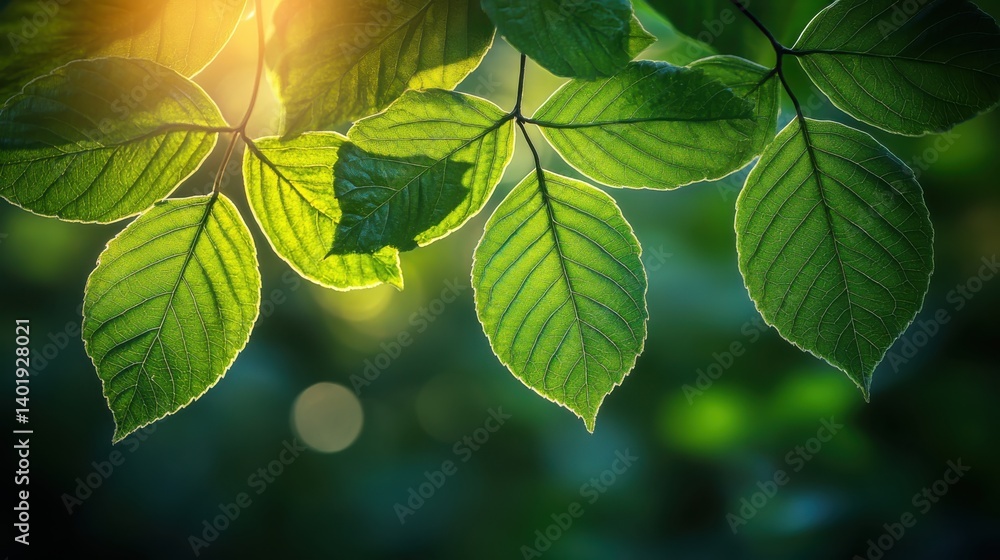 Aufkleber a close up of dark green leaves on a branch illuminated by soft warm sunlight the blurred background