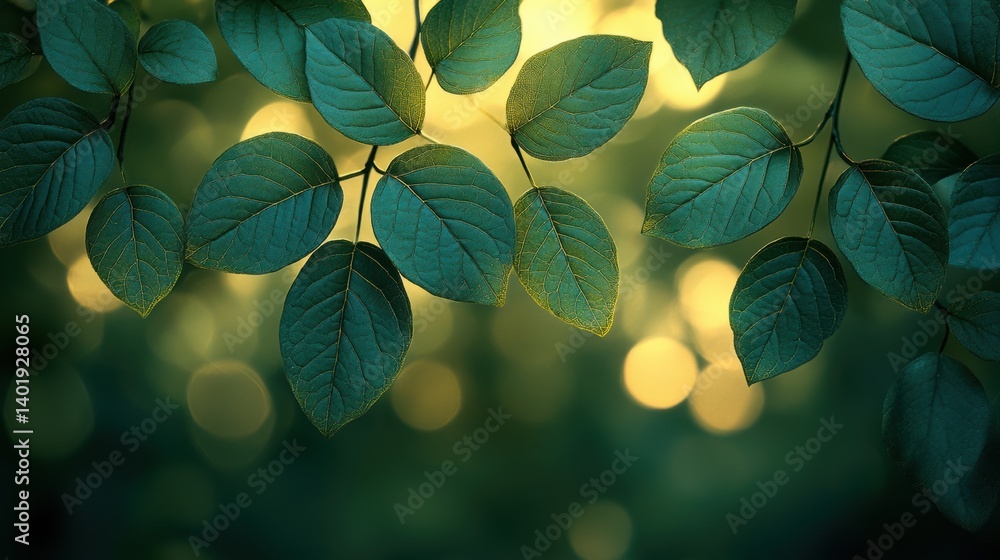 Poster a close up of dark green leaves on a branch illuminated by soft warm sunlight the blurred background and bokeh effect create a calm natural and moody forest atmosphere,stock photo