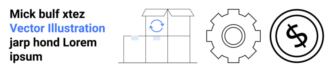 Open box with recycling arrows, gear cogwheel, and dollar coin icon. Ideal for logistics, sustainability, business strategy, operations, technology, finance and workflow concepts as abstract line