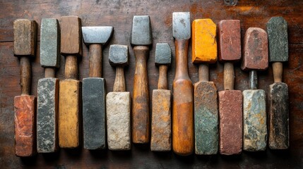 Collection of antique, worn, wooden-handled stone tools arranged on a dark wood surface