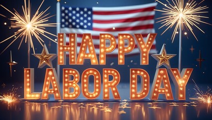 Illuminated "Happy Labor Day" Sign with Fireworks.